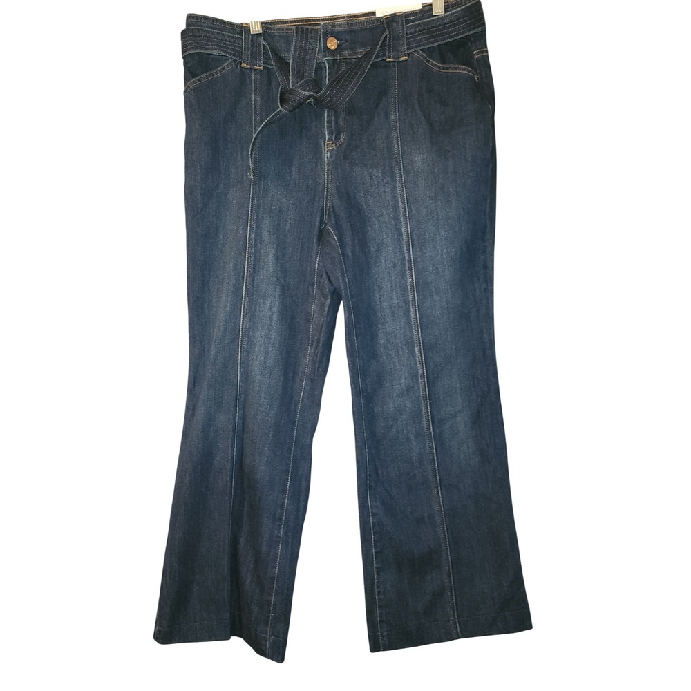 Chicos Platinum Trousers Women's Size 2 Dark Wash Denim Full Leg Belted Pants
